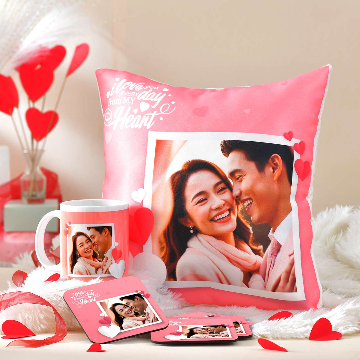 Lovely Personalized Cushion, Mug and Coaster Hamper