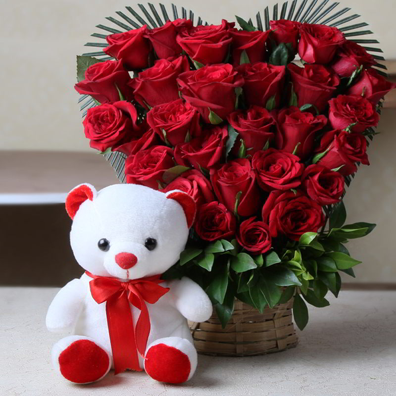 Beautiful Red Roses and Teddy Bear Surprise