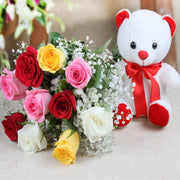 Bunch of Mixed Roses with Teddy Bear