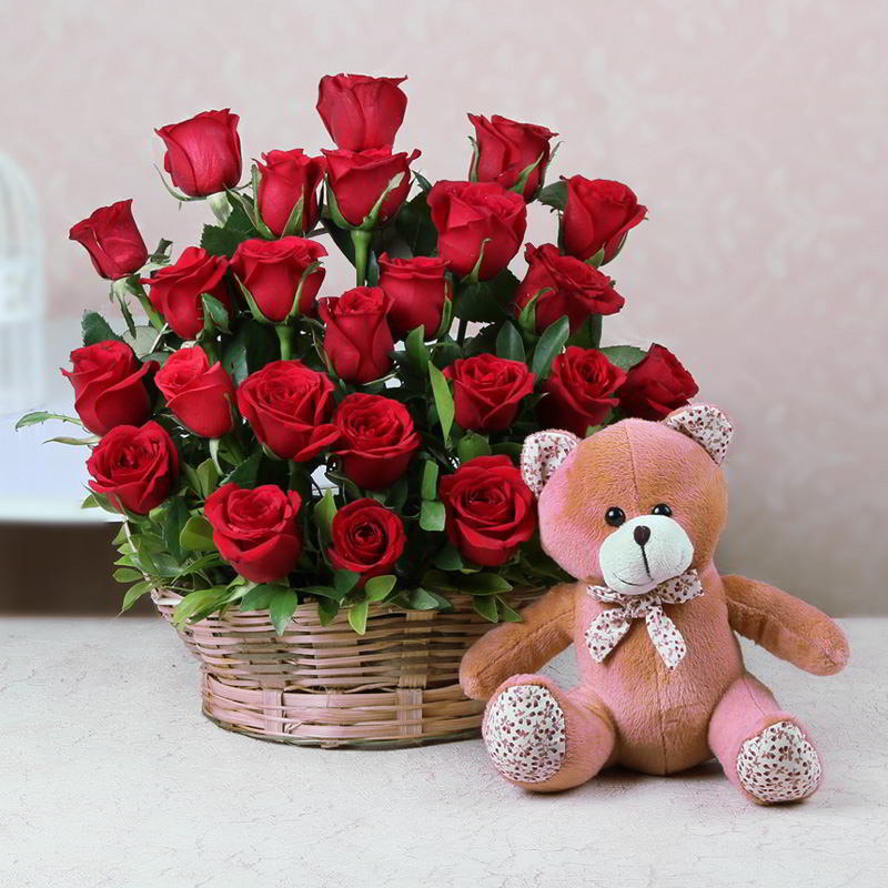 Basket Arrangement Fresh Red Roses and Teddy Bear