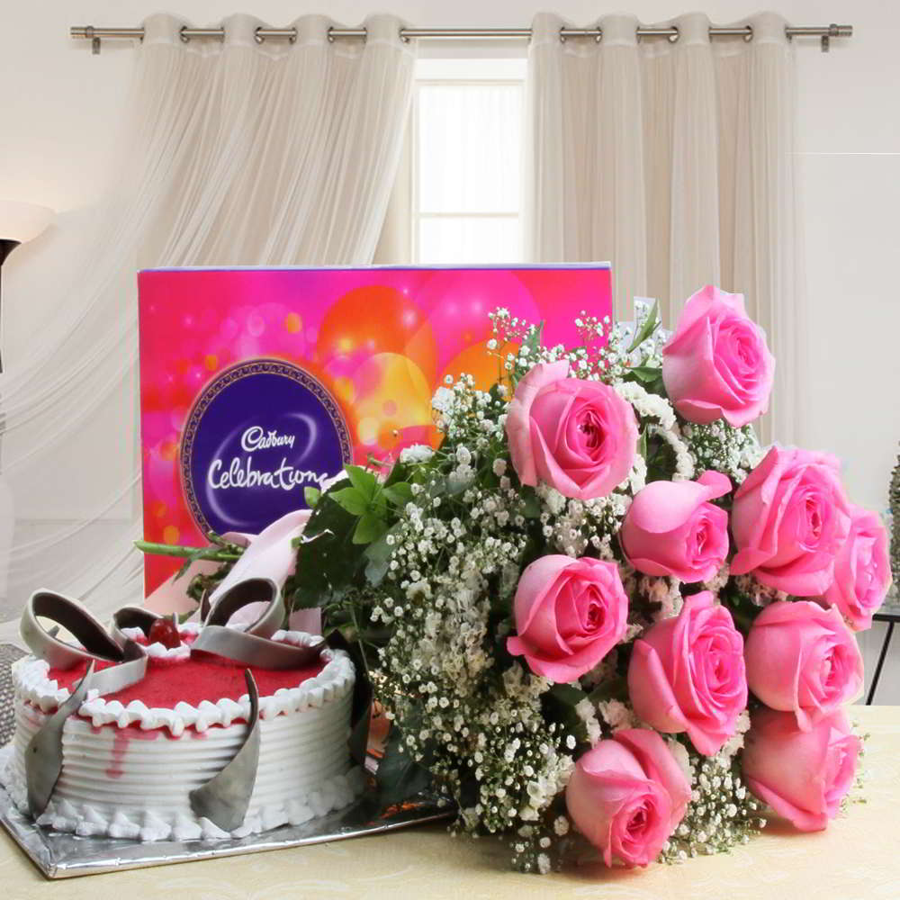 Pink Roses with Strawberry Cake and Celebration Chocolates