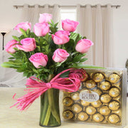 Fresh Red Rose Vase and Ferrero Chocolate Gift