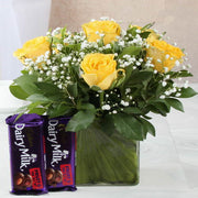 Yellow Rose Vase and Fruit Nut Chocolates Gift