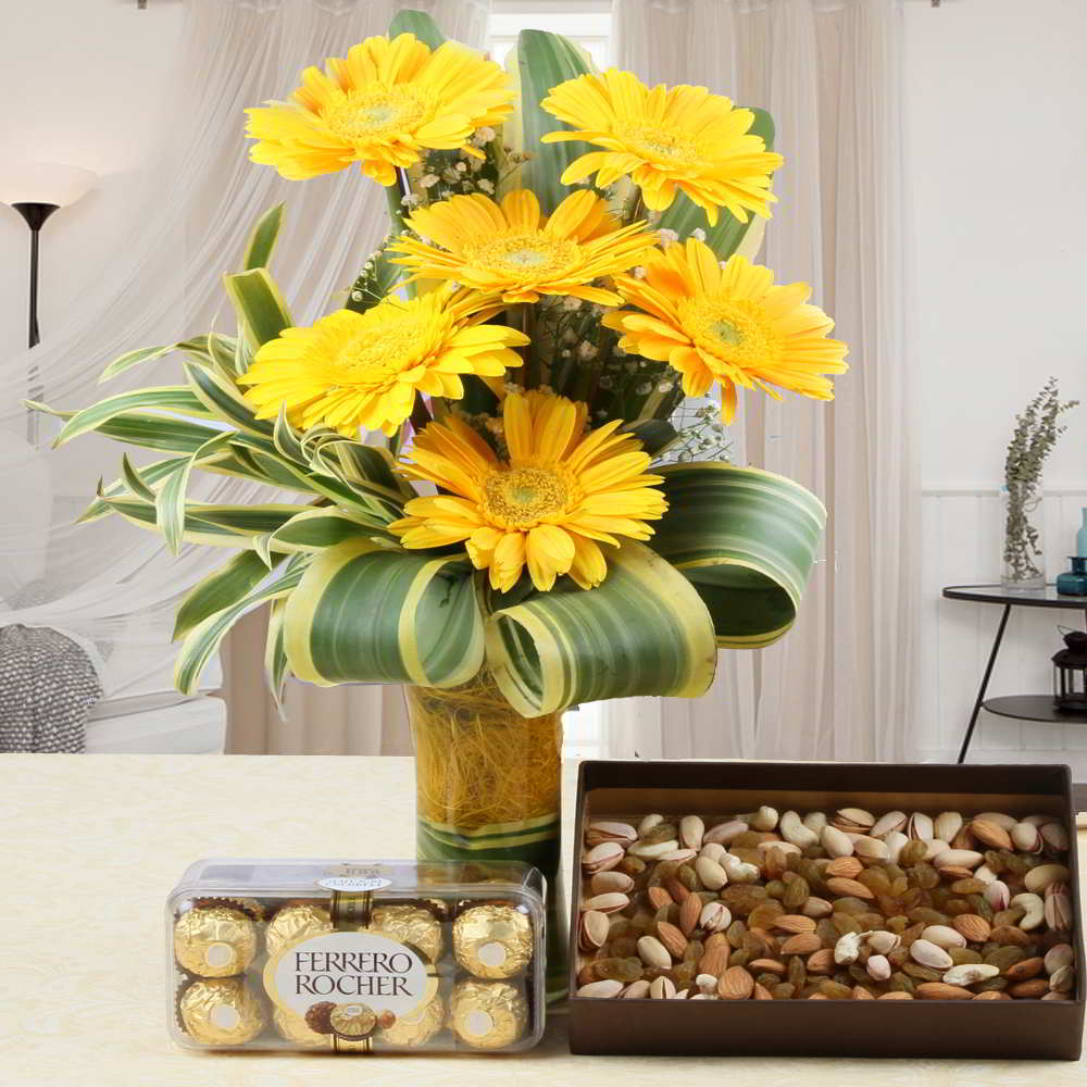 Vase of Yellow Gerberas with Dry Fruits and Ferrero Gift