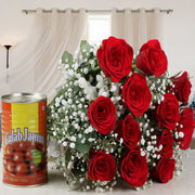 Delicious Gulab Jamun with Red Roses Bunch