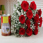 Fresh Red Roses and Rasgulla Gift