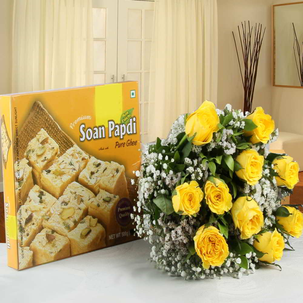 Bunch of Yellow Roses and Soan Papdi Gift