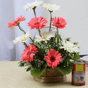 Beautiful Basket of Pink and White Gerberas with Rasgulla