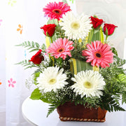 Fresh Gerberas and Roses in a Basket