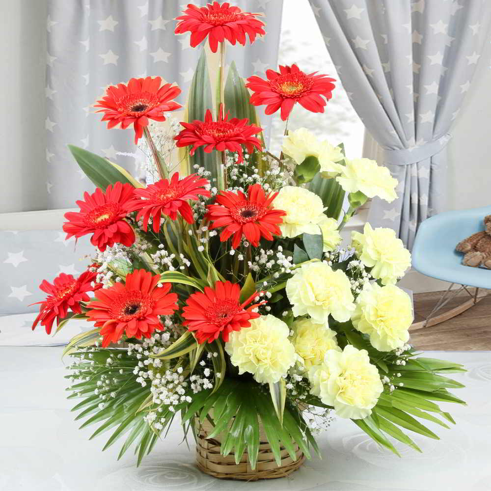 Arrangement of Red Gerberas and Yellow Carnations