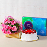 Fresh Pink Rose with Chocolate and Strawberry Cake Gift
