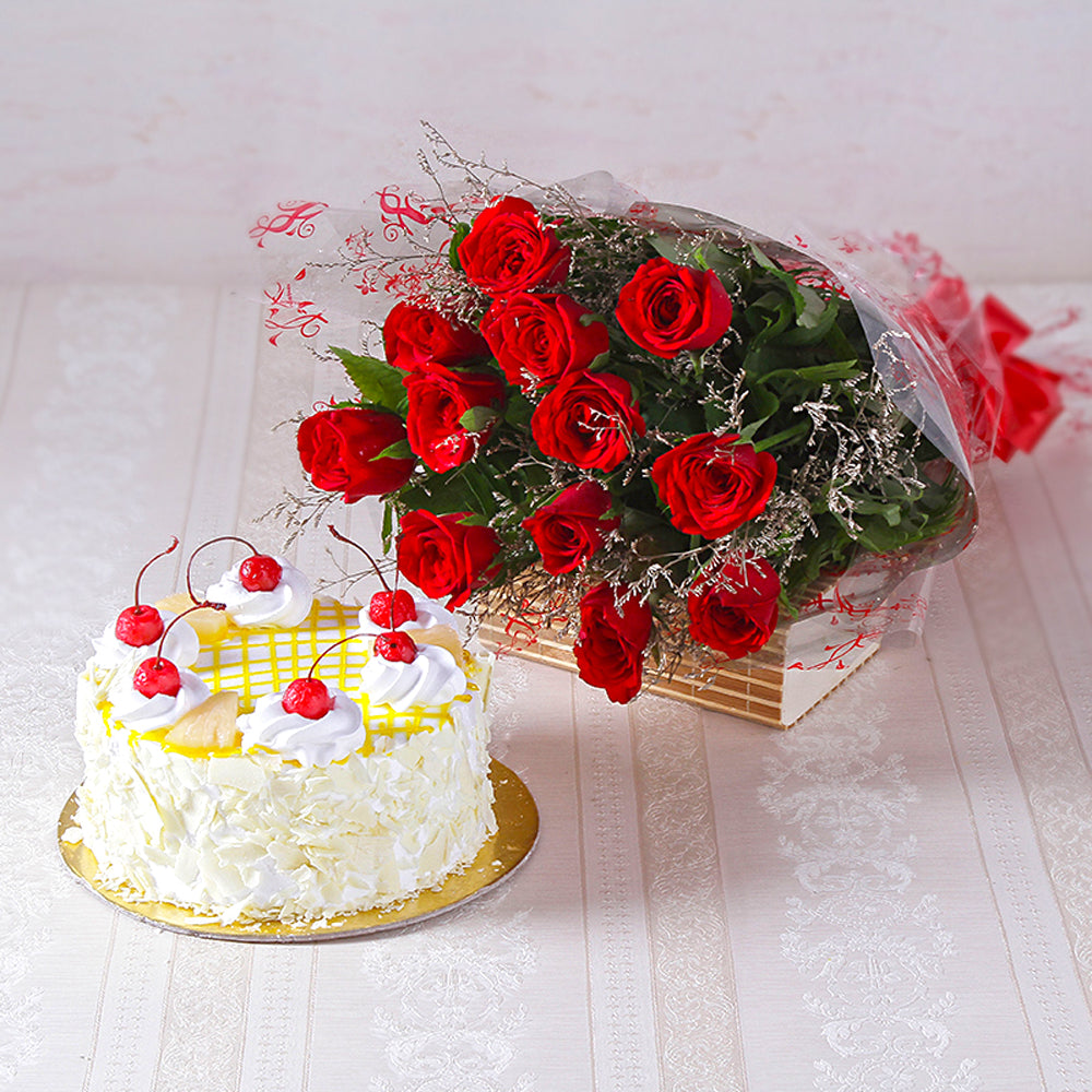 Romantic Red Roses and Pineapple Cake Combo