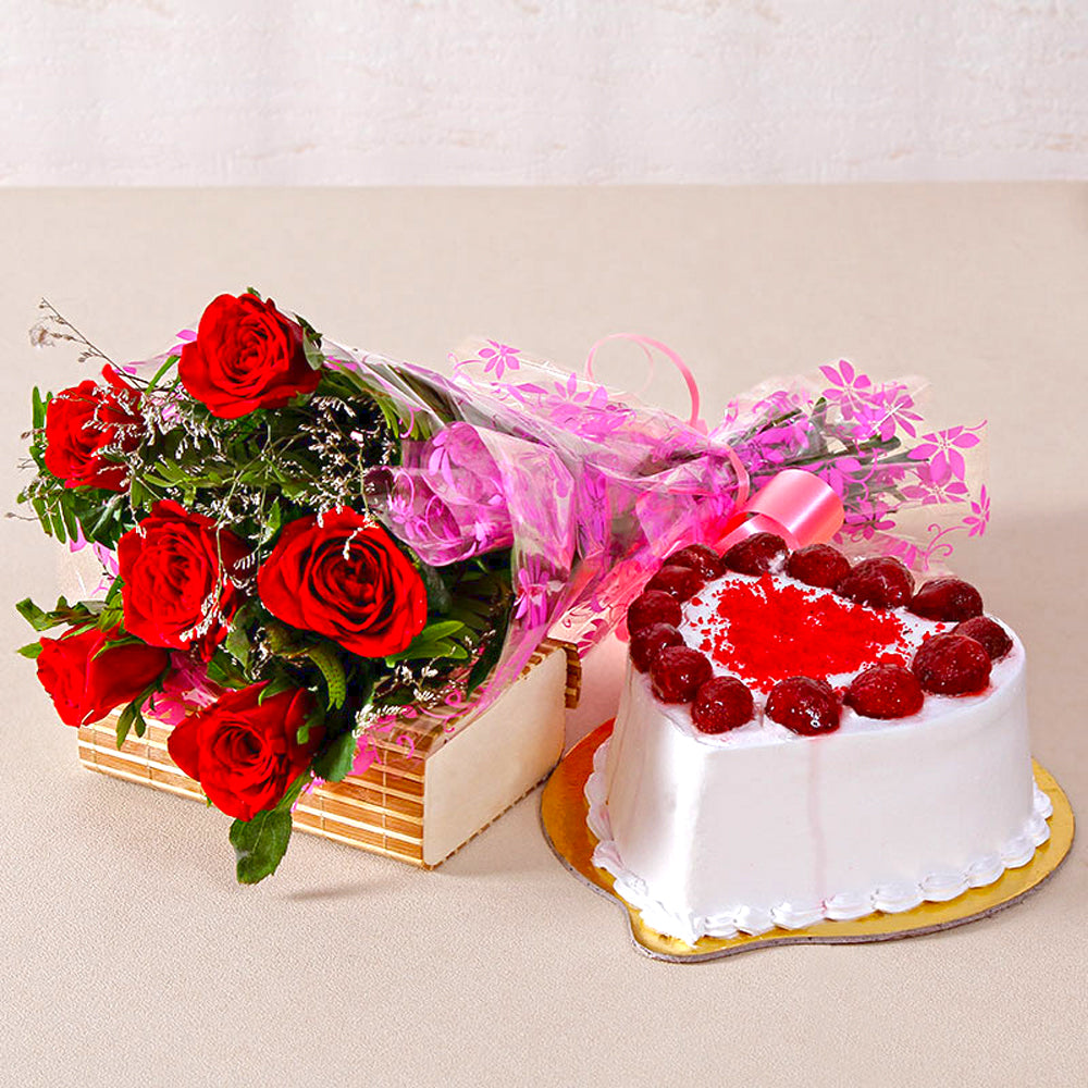 Red Roses and Heart Strawberry Cake