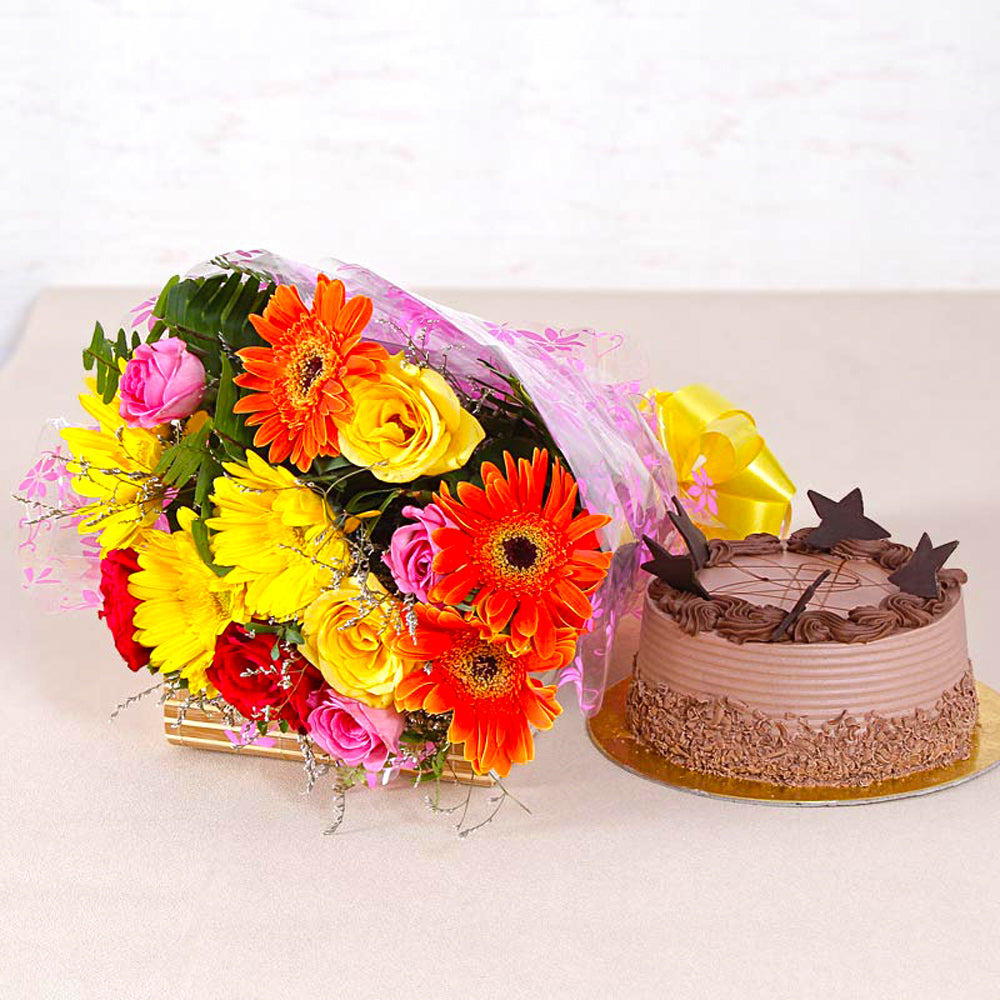 Colorful Flowers and Chocolate Cake Combo