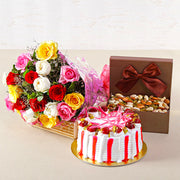 Mixed Roses Bunch with  Strawberry Cake and Dry Fruits