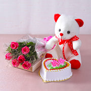 Pretty Pink Roses with Teddy and Vanilla Cake Gift