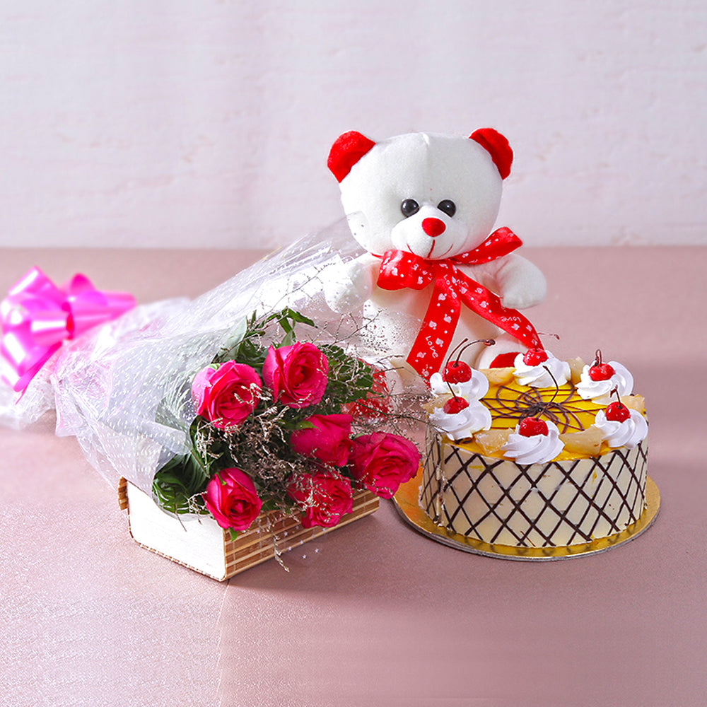 Combo of Pink Roses with Teddy and Butterscotch Cake