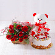Lovely Red Roses with Teddy and Pineapple Cake Hamper