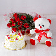 Red Roses with Teddy and Pineapple Cake Gift