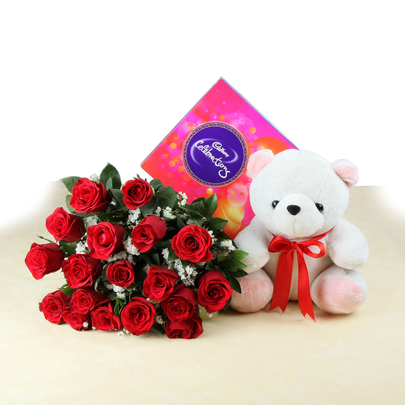 Fresh Red Roses with Cadbury Chocolates and Teddy Gift
