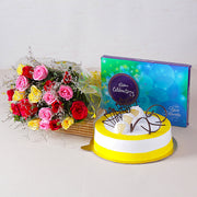 Mixed Roses with Chocolate and Pineapple Cake