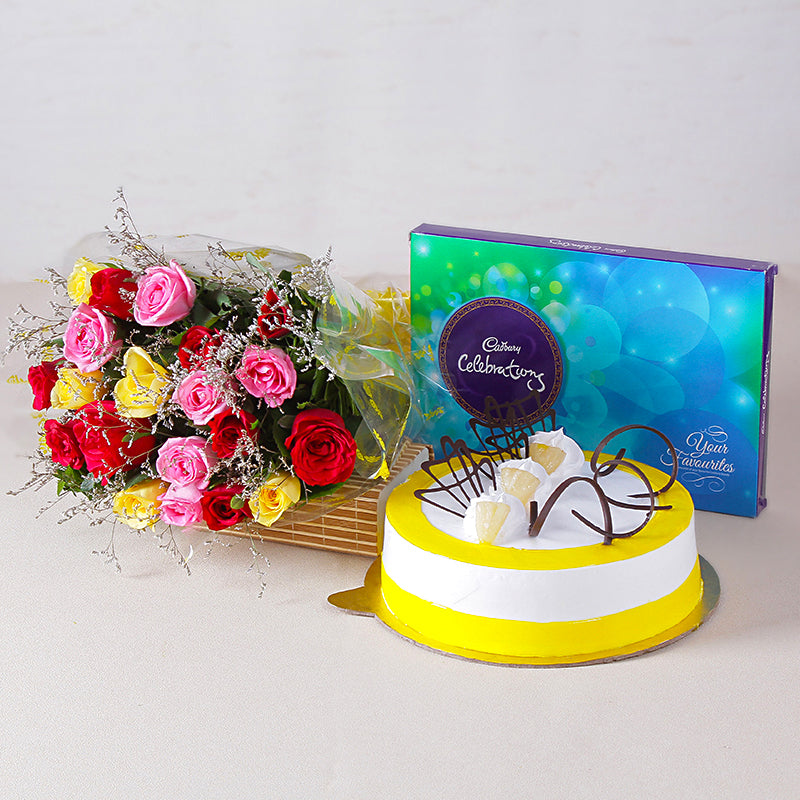 Mixed Roses with Chocolate and Pineapple Cake