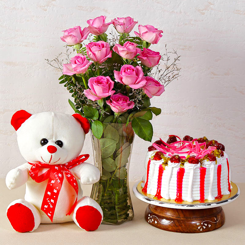 Gift Combo of Pink Rose Vase with Teddy and Strawberry Cake