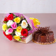 Colorful Roses and Chocolate Cake Gift