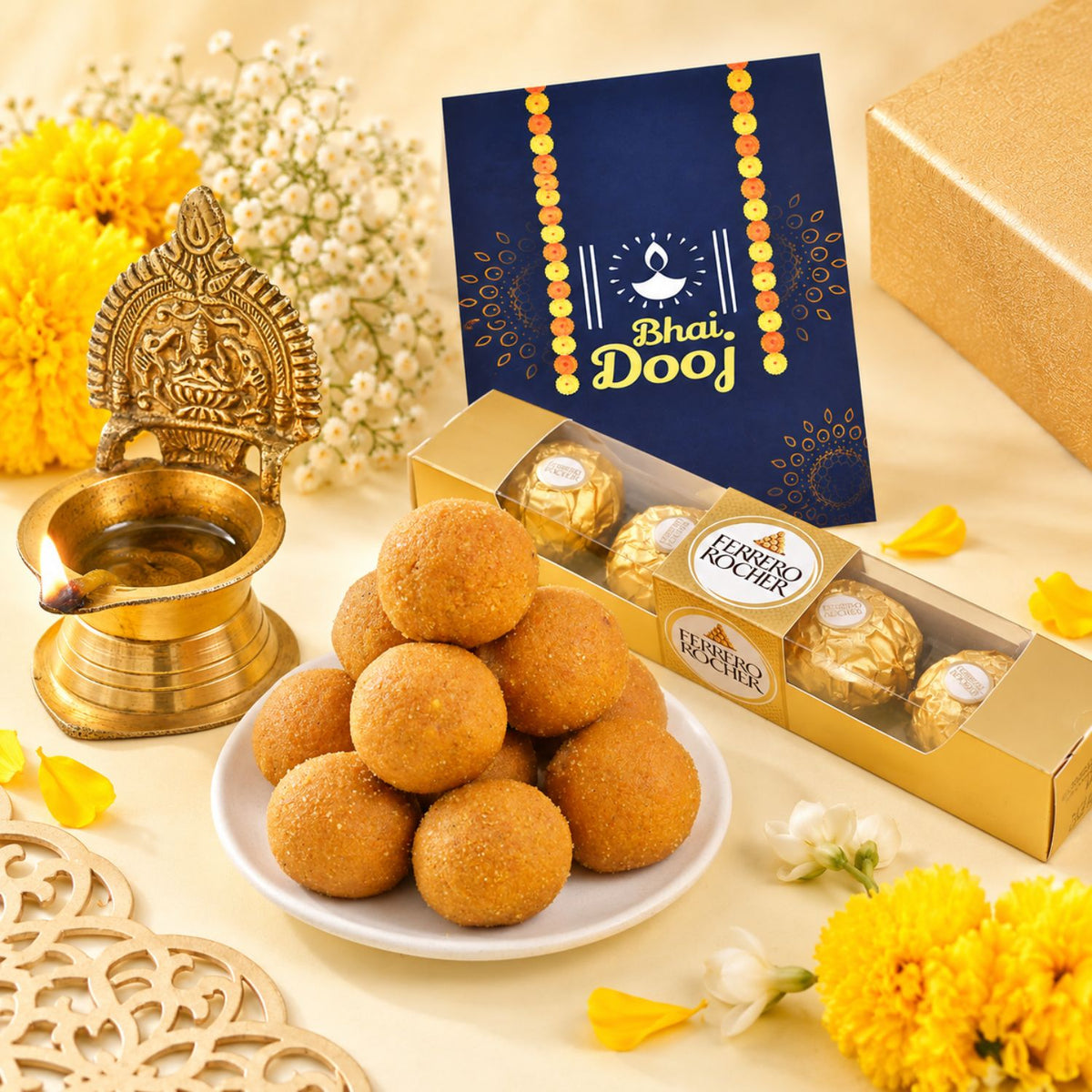 Designer Diya with Ladoo & Ferrero Rocher- Bhai Dooj Gift