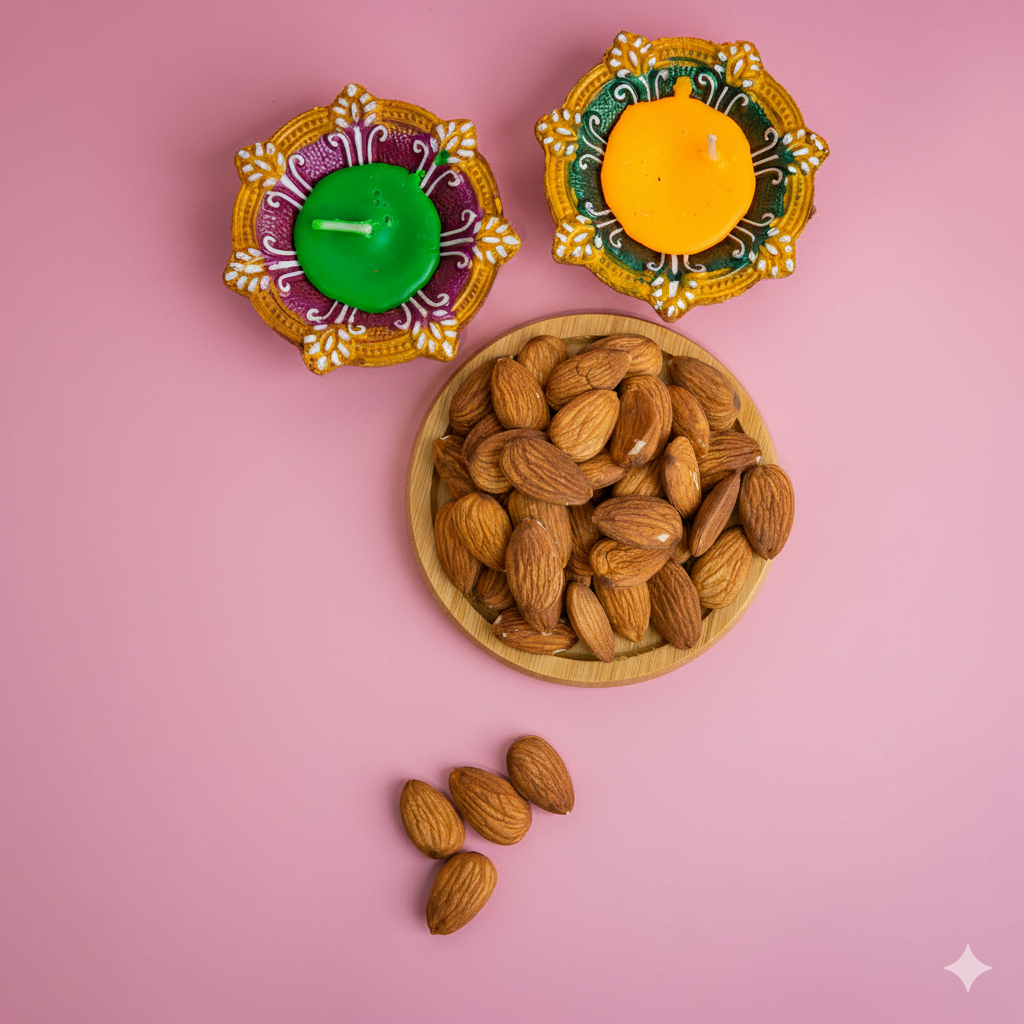 Almonds and Soanpapdi with Diya for Diwali Gift