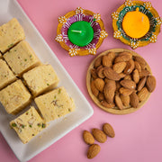 Almonds and Soanpapdi with Diya for Diwali Gift