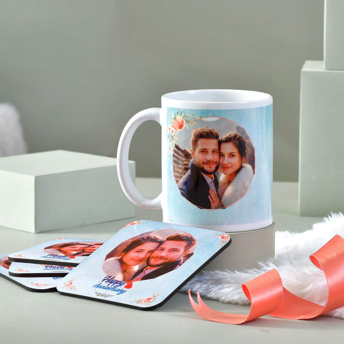 Personalized Anniversary Mug and Tea Coaster Set