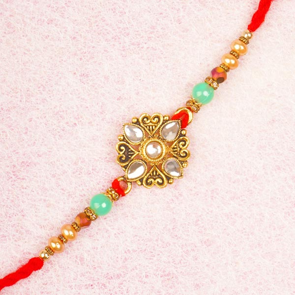 Send Elegant Kundan Diamond Beads Rakhi For UK Online